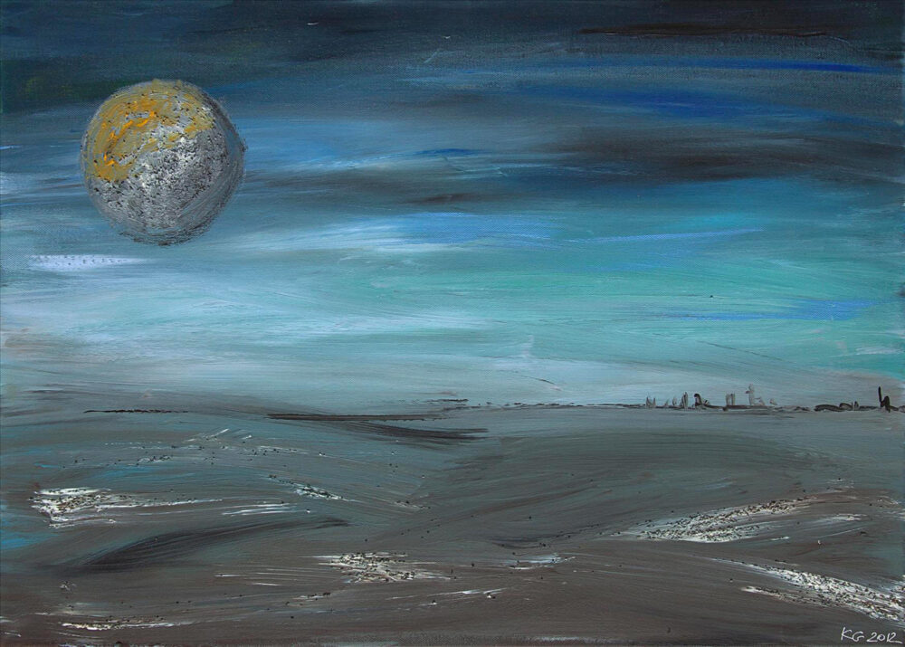 Das Gemälde An der Küste zeigt ein leicht stürmisches Meer unter einem Nachthimmel mit großem Vollmond