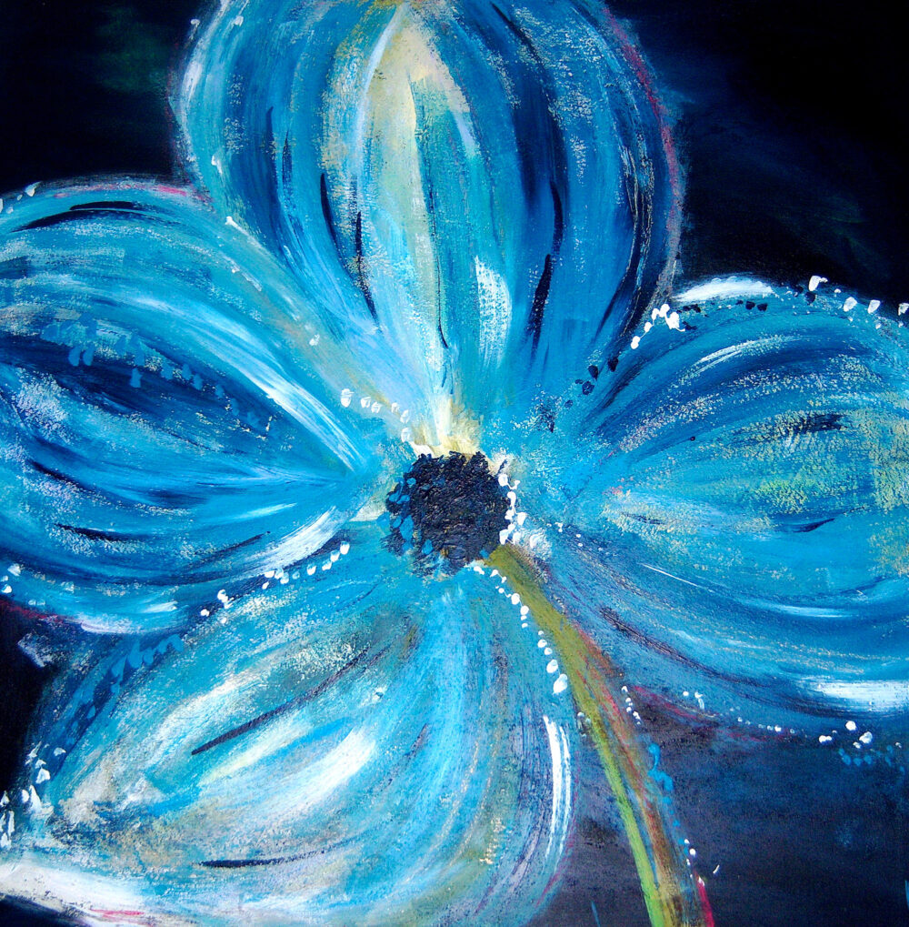 Das Gemälde Blümchen zeigt eine einzelne blaue Blume vor dunklem Hintergrund