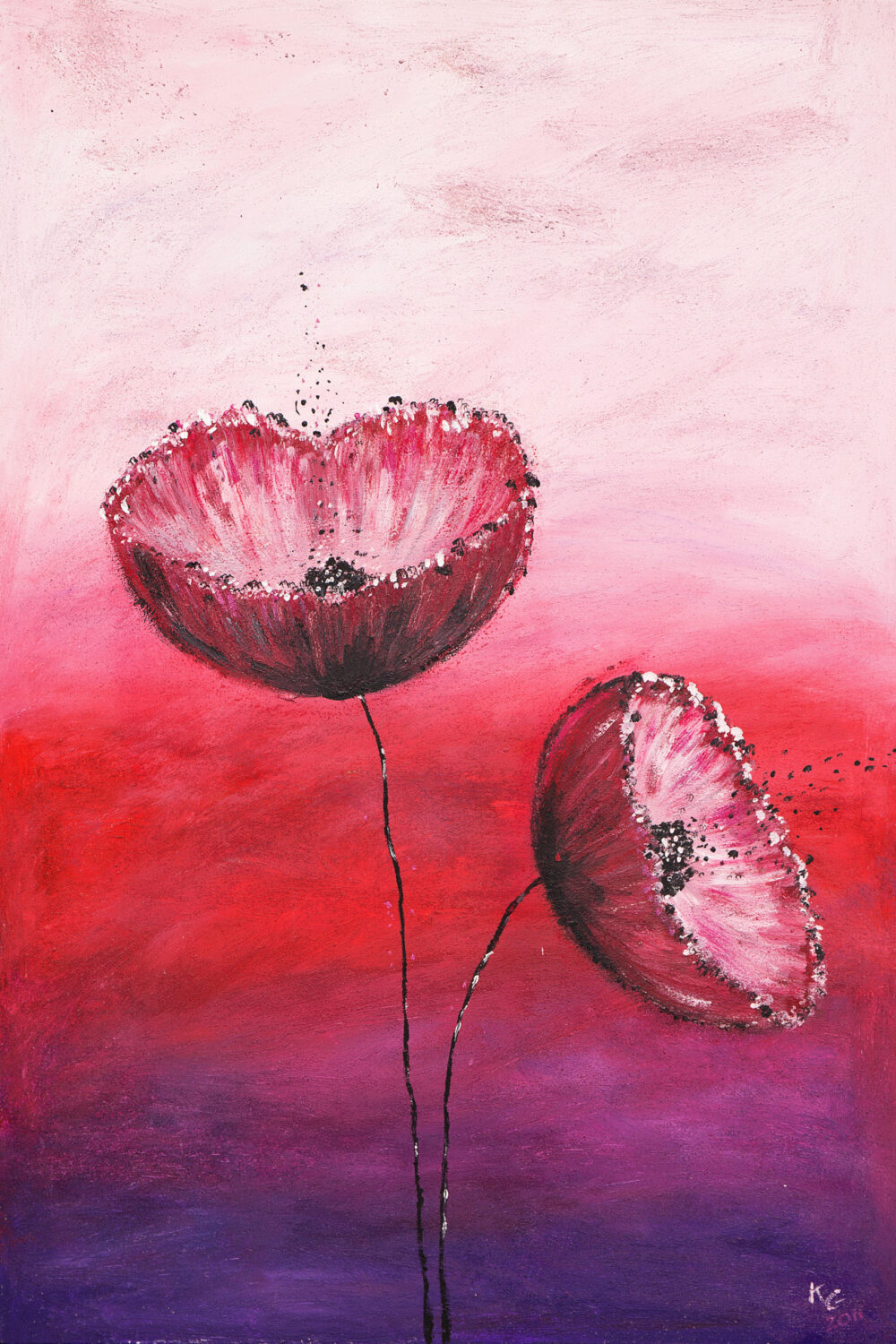 Gemälde Mohn zeigt zwei Mohnblüten vor einem rot-weiss-rosa Hintergrund mit Verlauf.