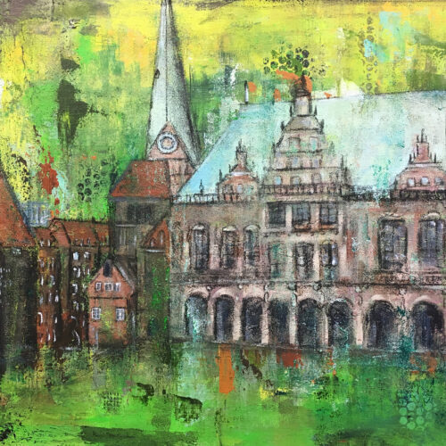 Gemälde Rathaus Hansestadt Bremen in Grüntönen abstrahiert