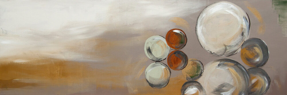 Abstraktes Gemälde Bubbles, Luftblasen in warmen Erdtönen in der Luft