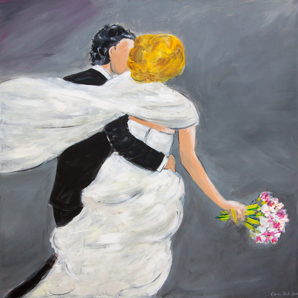 Gemälde Der schönste Tag Hochzeitspaar, Brautpaar mit Blumenstrauss geht zusammen in eine schöne Zukunft, Braut in weißem Kleid, blond, Blumenstrauss, Mann dunkelhaarig