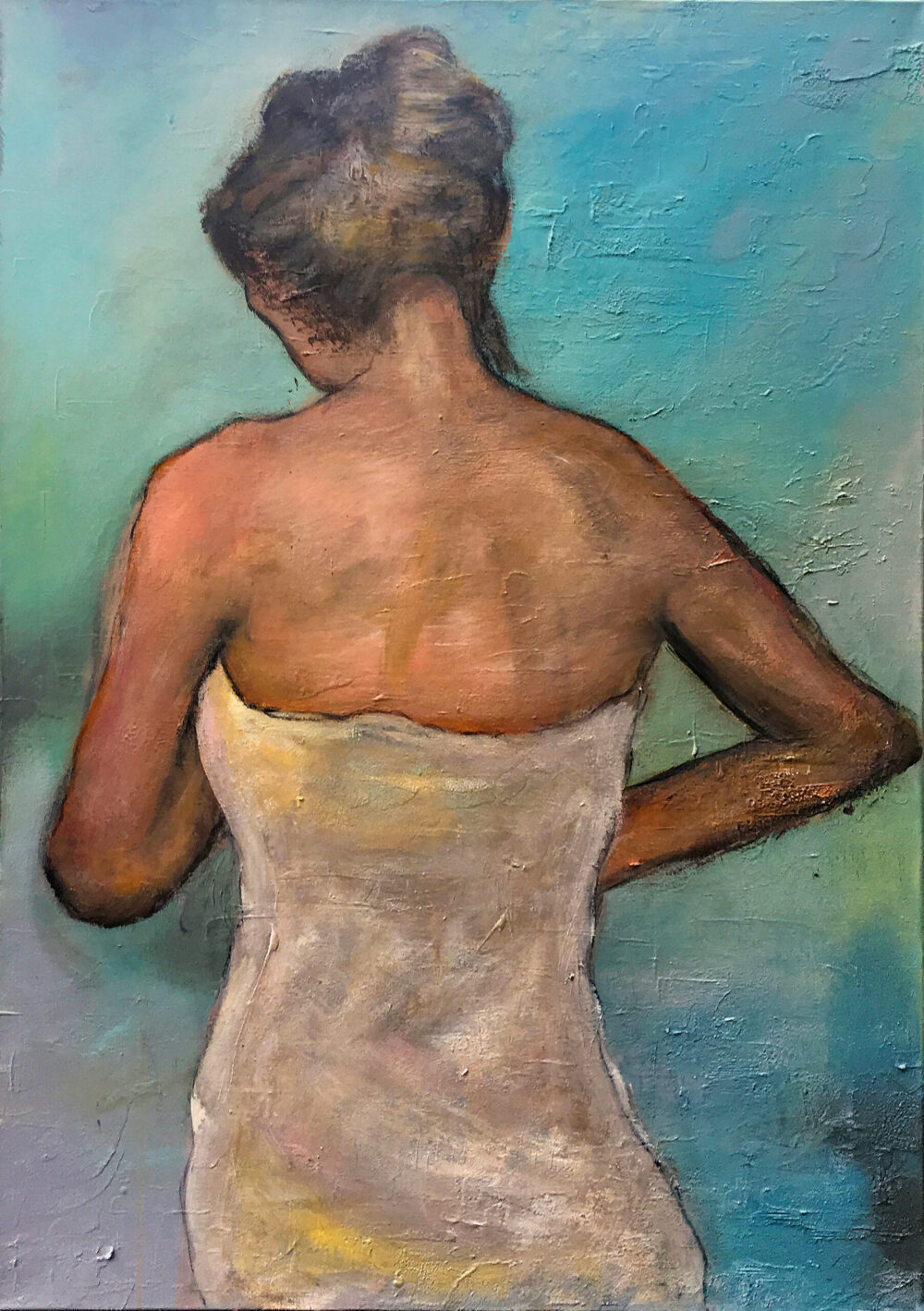 Das Gemälde Frau mit Handtuch zeigt eine Frau mittleren Alters und hochgesteckten Haaren in Rückenansicht die aus der Dusche kommend sich ein weisses Handtuch umgebunden hat. Der Hintergrund ist türkisblau.