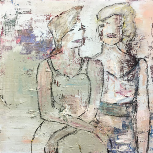 Das Gemälde Freundinnen zeigt in einem abstrahierten Stil in Pastelltönen zwei jungen blonde Frauen in Sommerkleidern, die einträchtig nebeinander sitzen. Das Bild ist modern und hat sanfte Töne.