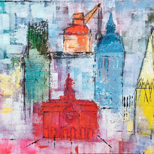 Auch als Lüneburg Kunstdruck im Online Shop von Karin Greife. Das Gemälde Frühling in Lüneburg von Karin Greife zeigt das Panaroma der Stadt Lüneburg in frühlingshaften Farben im abstrakten Stil. Zu sehen sind die drei Lüneburger Kirchen, das Rathaus und der Alte Kran.