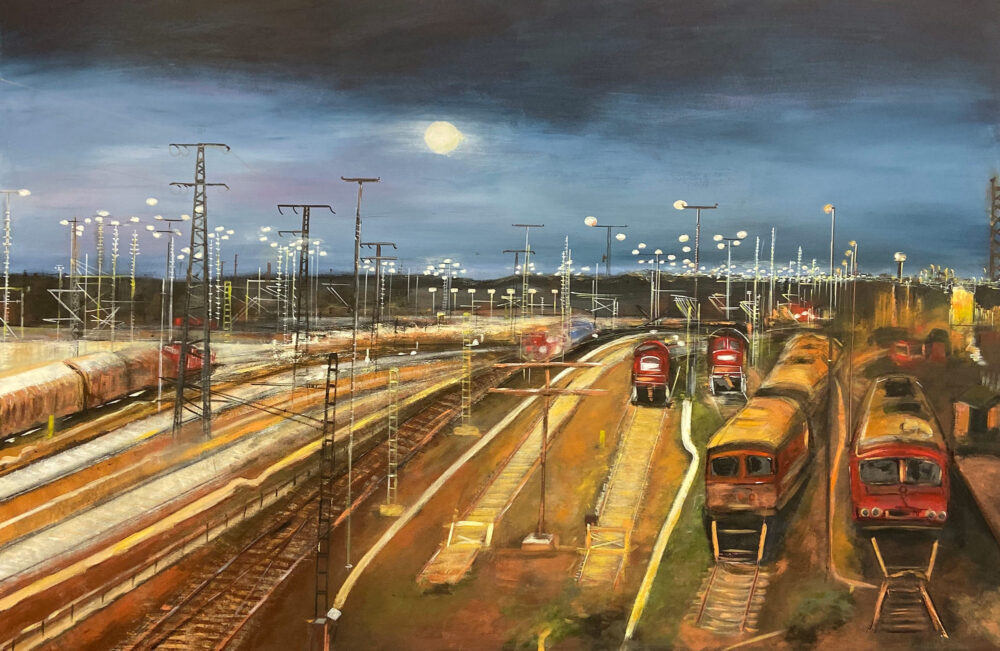 Gemälde Güterbahnhof Halle Saale unter dem Nachthimmel mit Mond mit tramlok