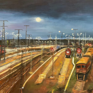 Gemälde Güterbahnhof Halle Saale unter dem Nachthimmel mit Mond mit tramlok