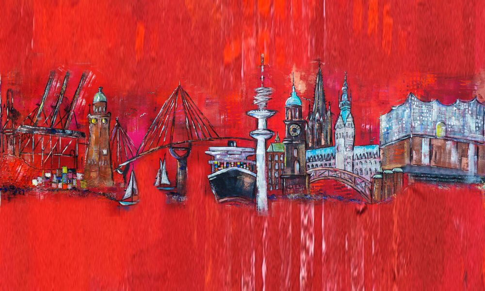 Das Gemälde Hamburg Skyline zeigt die Hamburger Wahrzeichen Michel, Rathaus, Elbphilharmonie, Fernsehturm, Köhlbrandbrücke, Frachtschiff, Hafenkräne, Segelboote.