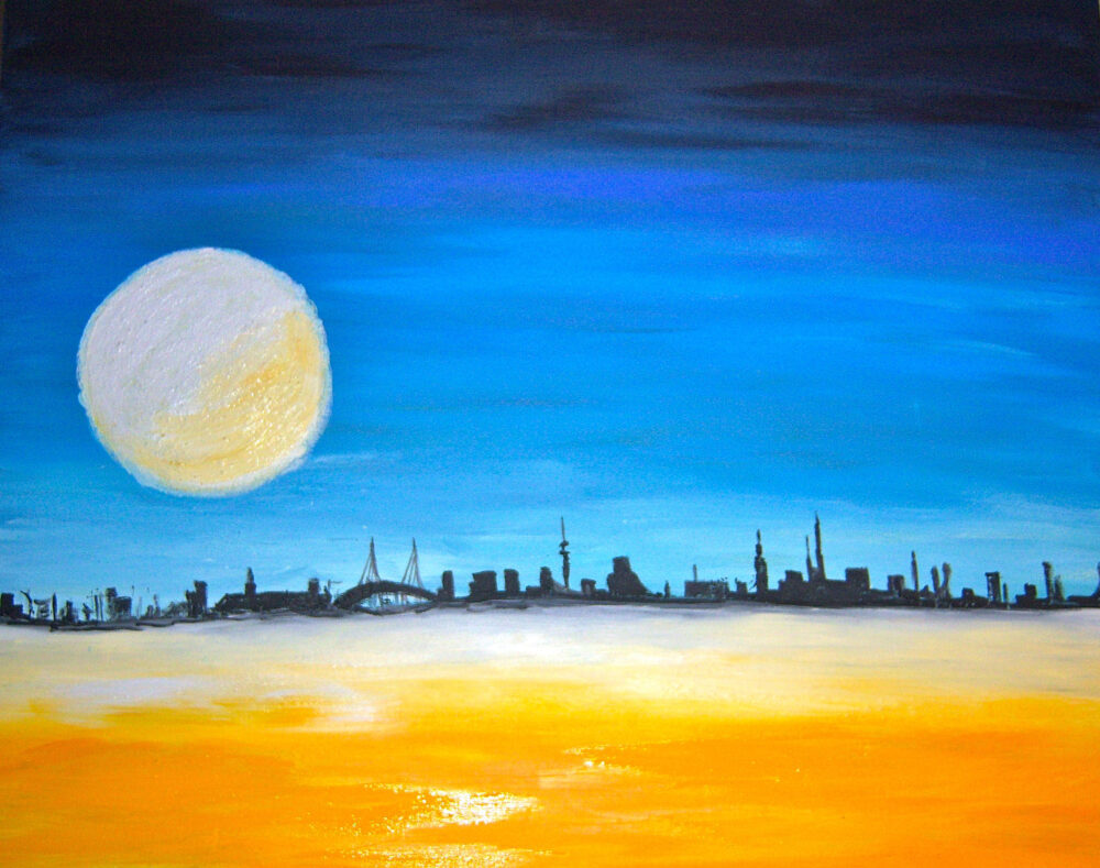 Das Gemälde Hamburg Skyline mit Mond zeigt die Skyline der Hansestadt Hamburg am Horizont in schwarz, am Himmel der riesige Mond, der sich in der Elbe spiegelt