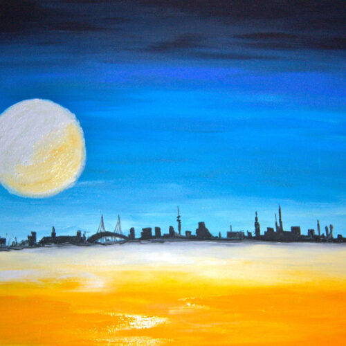 Das Gemälde Hamburg Skyline mit Mond zeigt die Skyline der Hansestadt Hamburg am Horizont in schwarz, am Himmel der riesige Mond, der sich in der Elbe spiegelt