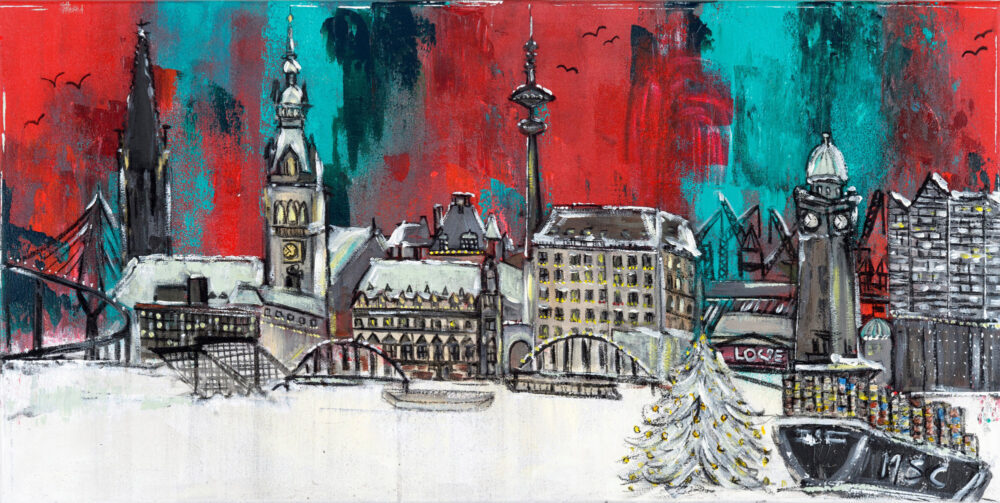 Das Gemälde Hamburg Weihnachtsstadt zeigt das Panorama von Hamburg mit Alster in weihnachtlicher Atmosphäre. Hamburger Skyline mit Rathaus, Fernsehturm, zugefrorener Alster, Weihnachtsbaum, Elbphilharmonie, Landungsbrücken etc. Es überwiegen Rot-, Grün und Weißtöne.