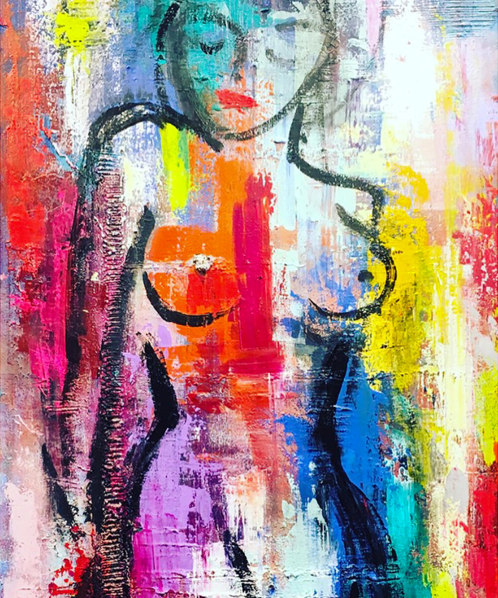 Das Gemälde Happy Woman zeigt einen weiblichen Akt in moderner Form in kräftigen Farben, roter Lippenstift, Spachtelmasse