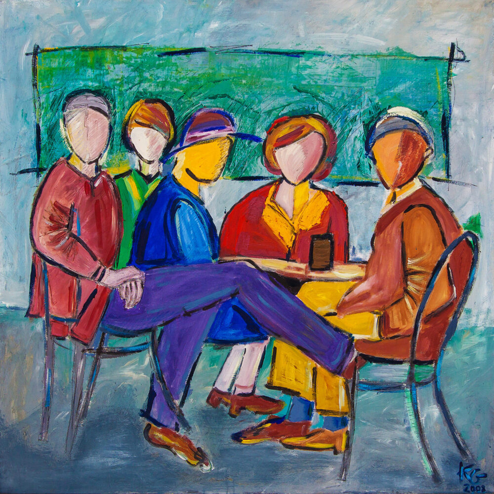 Gemälde Hemingway und seine Freunde, Das Bild entstand anhand eines Schwarz-Weiss-Fotos, welches den Schriftsteller Ernest Hemingway mit Freunden im Freien an einem Tisch sitzend zeigt. Drei Frauen und zwei Männer sind im Gemälde in dieser Caféhaus-Szene in bunter Kleidung dem Betrachter zugewandt, die Gesichter aber nur vage angedeutet. Der Hintergrund ist in Grün-/Blautönen gemalt. Das Bild vermittelt eine lockere, fröhliche Atmosphäre