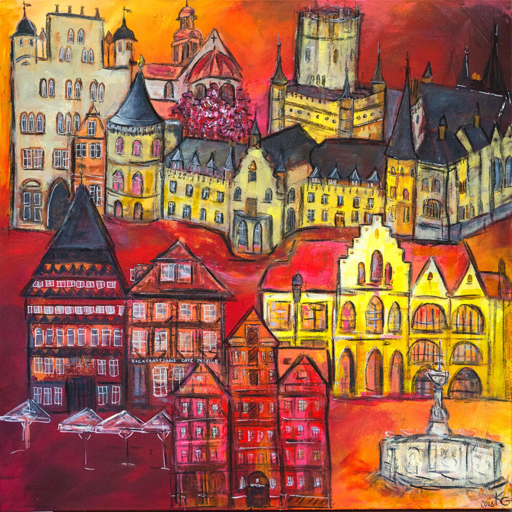 Gemälde Hildesheim Skyline mit den schönsten Wahrzeichen der Stadt in den Farben des Stadtwappens, Schloss Marienburg, Knochenhaueramtshaus, Rathaus, Wedekindhaus