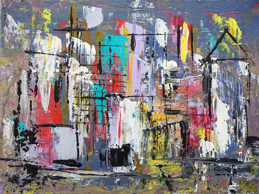 Das abstrakte Gemälde Hongkong zeigt die Stadt als abstraktes Licht- und Farbenspiel mit Hochhäusern und Türmen, Booten und Menschen.