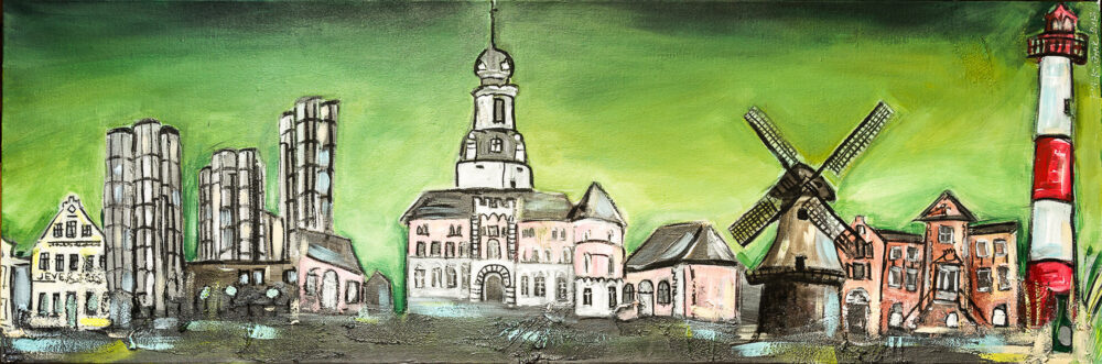 Gemälde Jever Skyline mit den Wahrzeichen Jever-Brauerei, Leuchtturm, Mühle in Grüntönen