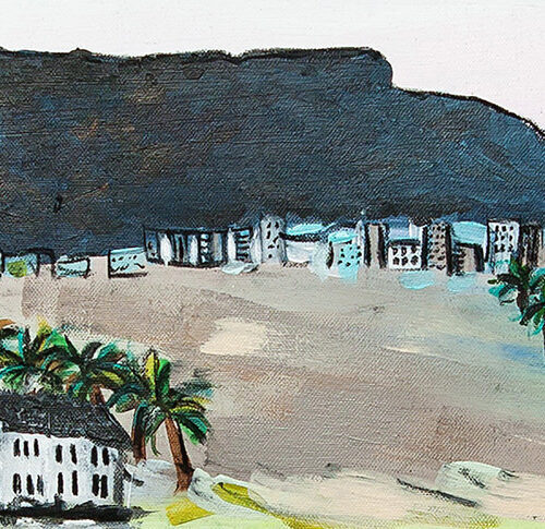 Gemälde Kapstadt Urlaub, Tafelberg, Meer und Hotelanlage