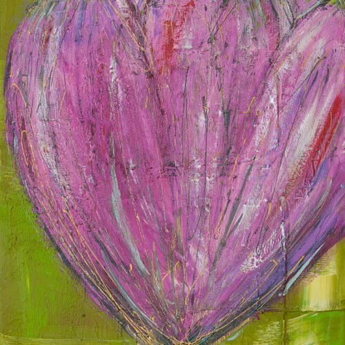 Das Gemälde Kleine Tulpe für Kate zeigt eine rosa/ lila Blume im abstrahierten, modernen Stil vor hellgrünem Hintergrund