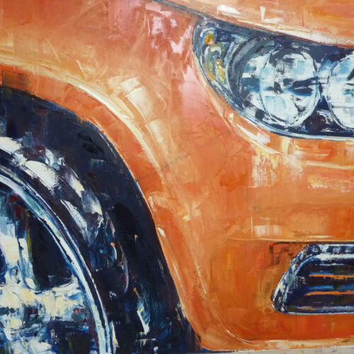 Das Gemälde Kotflügel zeigt den Kotflügel eines orangefarbenen Wagens und entstand in Zusammenarbeit mit dem Künstler Carl Sebastian Lepper