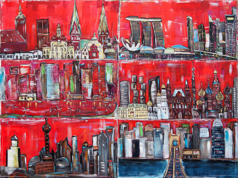 Gemälde LAP Worldwide Gesamtgemälde mit den Städten und Syklines Lüneburg, Singapur, Shanghai, Florida Beach, Cincinati, Moskau in warmen Rottönen