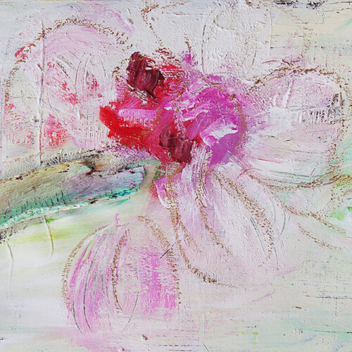 Das Gemälde Lilien abstrakt zeigt eine Impression einer Lilie in hellen Tönen mit Holzinstallation. Farben: Rosa, Pink, Rot, Weiss, Hellgrün