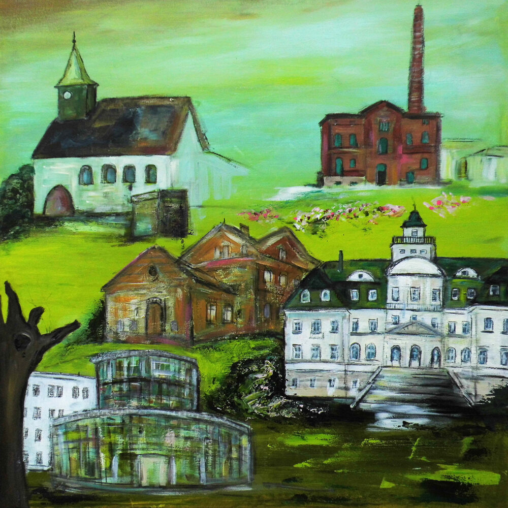 Das Gemälde Ludwigsfelde zeigt einige Wahrzeichen der Stadt in Grüntönen wie das Rathaus, die Dorfkirche, das Schloss Genshagen