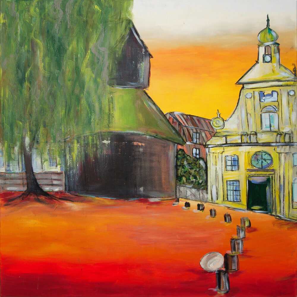 Das Gemälde Abendsonne am Kran Lüneburg von Karin Greife zeigt Lüneburg Wasserviertel mit Alter Kran, Altes Kaufhaus, Weide und im Hintergrund Viskulenhof. Warme Farben, Gelb-, Orange- und Rot-Töne werden ergänzt durch angenehme Grün-Töne. Romantische Sonnenuntergangsstimmung.
