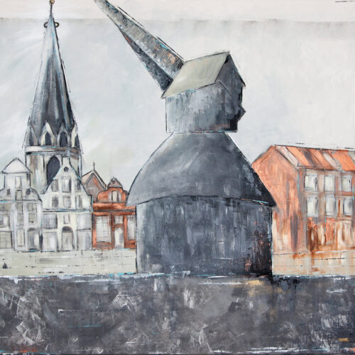 Das Gemälde Alter Kran Lüneburg zeigt den Alten Kran Lüneburg mit Viskulenhof und St. Nicolaikirche im Hintergrund - in gedeckten Farben: Grau, Kupfer, Weiss, Schwarz. Reduzierter, minimalistischer Stil.