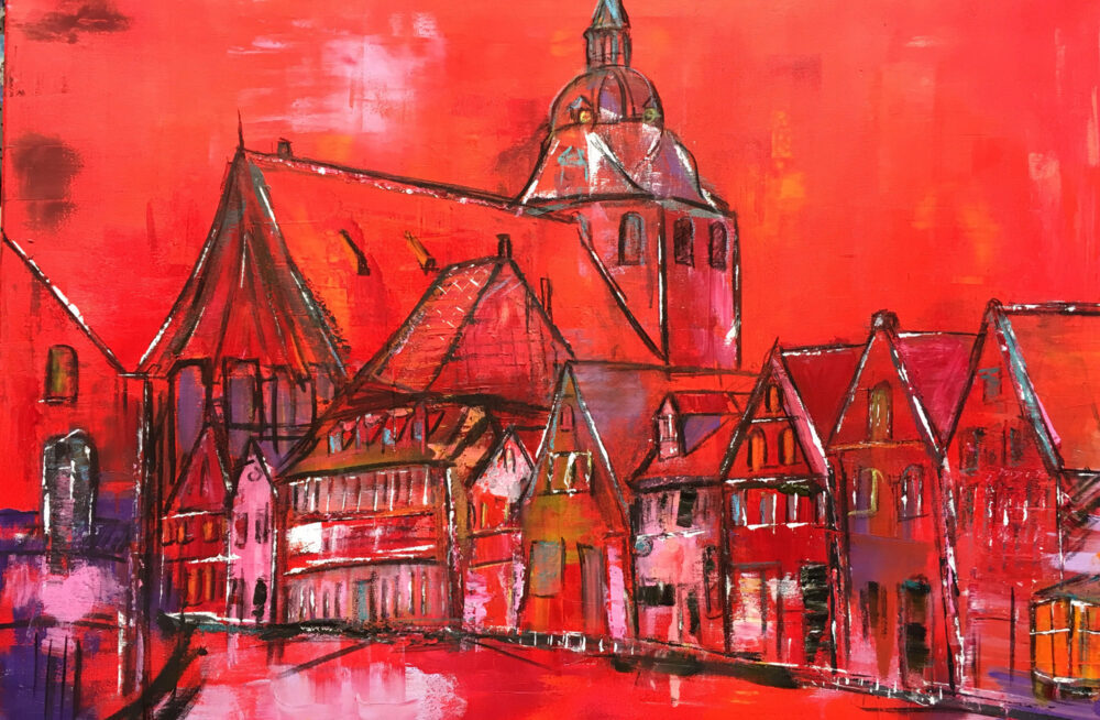 Das Gemälde zeigt den ersten Abschnitt der Strasse "Auf dem Meere" in der Lüneburger Altstadt in sommerlichen Rot-Tönen mit der Michaeliskirche im Hintergrund. Akzente wurden gesetzt in Rosa, Pink, Orange, Blau, Lila, Weiß und Gelb. Diese Straße dient häufig auch als Kulisse für Dreaharbeiten der ARD-Telenovela "Rote Rosen". Geprägt durch den typischen flüchtigen Stil der Künstlerin Karin Greife.