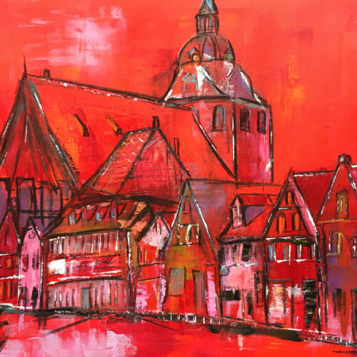 Das Gemälde zeigt den ersten Abschnitt der Strasse "Auf dem Meere" in der Lüneburger Altstadt in sommerlichen Rot-Tönen mit der Michaeliskirche im Hintergrund. Akzente wurden gesetzt in Rosa, Pink, Orange, Blau, Lila, Weiß und Gelb. Diese Straße dient häufig auch als Kulisse für Dreaharbeiten der ARD-Telenovela "Rote Rosen". Geprägt durch den typischen flüchtigen Stil der Künstlerin Karin Greife.