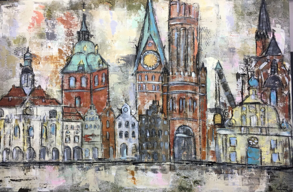 Auch als Lüneburg Kunstdruck im Online Shop von Karin Greife. Das Bild zeigt einige Wahrzeichen der Hansestadt Lüneburg in Braun, Rot, Weiss - und Beigetönen, akzentuiert mit Türkis, Blau, Gelb und Goldfarben. Man sieht das Rathaus, die Michaeliskirche, die Johanniskirche, den Wasserturm, das Alte Kaufhaus, die St. Nicolaikirche sowie exemplarisch einige typische Hansegiebelhäuser der Stadt. Künstlerin Karin Greife.