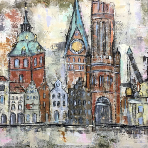 Auch als Lüneburg Kunstdruck im Online Shop von Karin Greife. Das Bild zeigt einige Wahrzeichen der Hansestadt Lüneburg in Braun, Rot, Weiss - und Beigetönen, akzentuiert mit Türkis, Blau, Gelb und Goldfarben. Man sieht das Rathaus, die Michaeliskirche, die Johanniskirche, den Wasserturm, das Alte Kaufhaus, die St. Nicolaikirche sowie exemplarisch einige typische Hansegiebelhäuser der Stadt. Künstlerin Karin Greife.