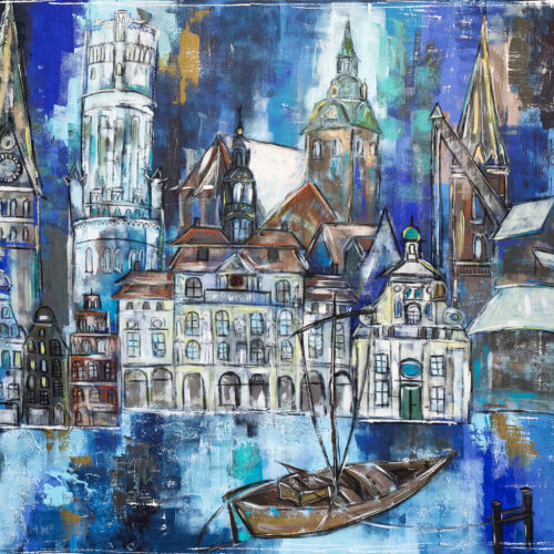 Auch als Lüneburg Kunstdruck im Online Shop von Karin Greife. Das Gemälde Boot und Stadt Lüneburg zeigt das Panorama von Lüneburg mit den wichtigsten Wahrzeichen in Blautönen, akzentuiert mit Türkis, Braun, Weiss und Ocker. Man sieht die Johanniskirche, den Wasserturm, das Rathaus, die Michaeliskirche, das Alte Kaufhaus, die Nicolaikirche, den Alten Kran, den Ewer im Vordergrund sowie einige Hansegiebelhäuser.