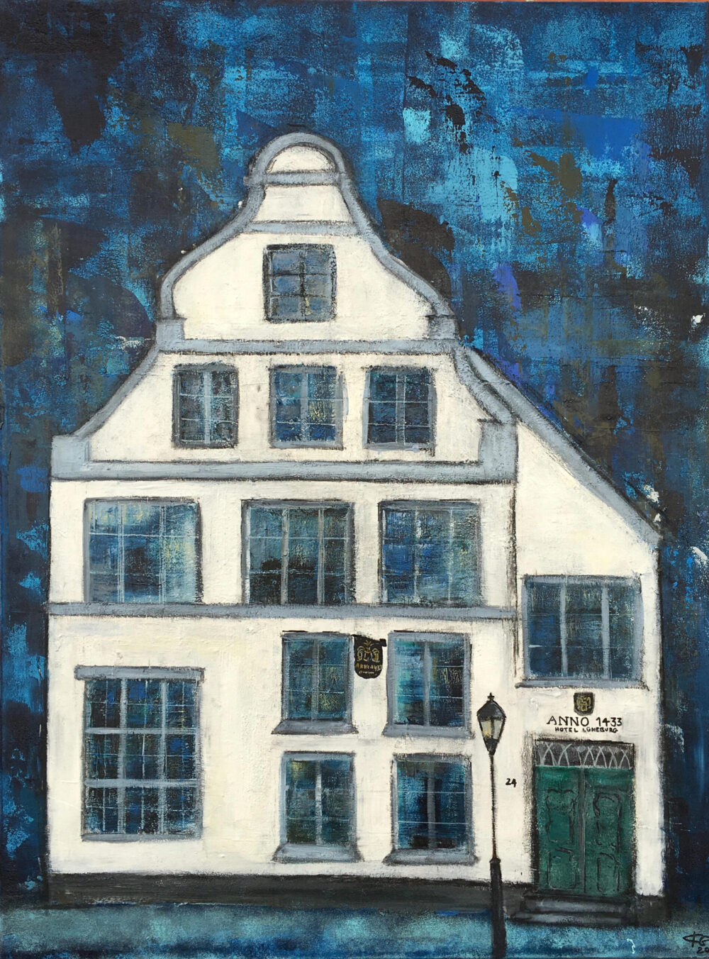 Das Gemälde Anno 1433 Hotel Lüneburg zeigt das historische Haus der Familie Blancke in der Lüneburger Salzstrasse von außen in Blau- und weißtönen
