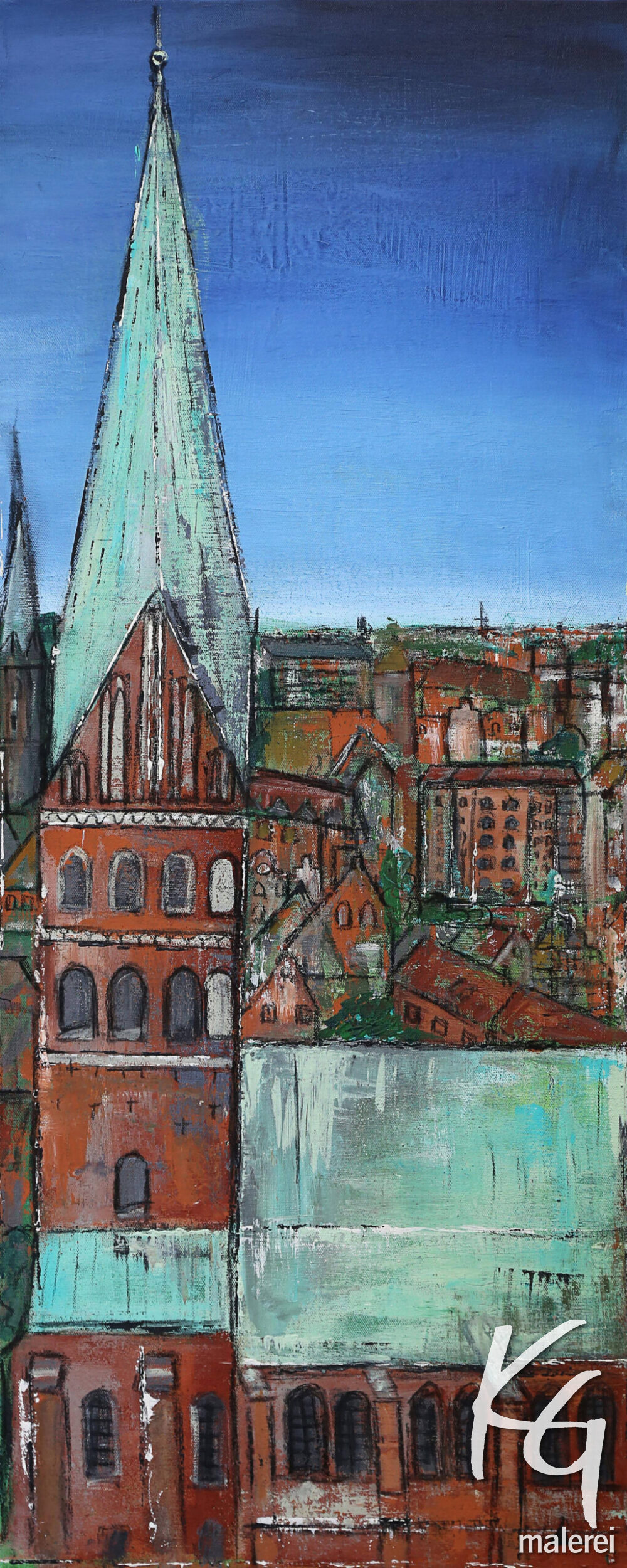 Das Gemälde St. Johanniskirche Lüneburg zeigt Die Johanniskirche Lüneburg in natürlichen Farben vor blauem Himmel. Die Backsteingiebel der Häuser im Hintergrund sind typisch für die Hansestadt Lüneburg.