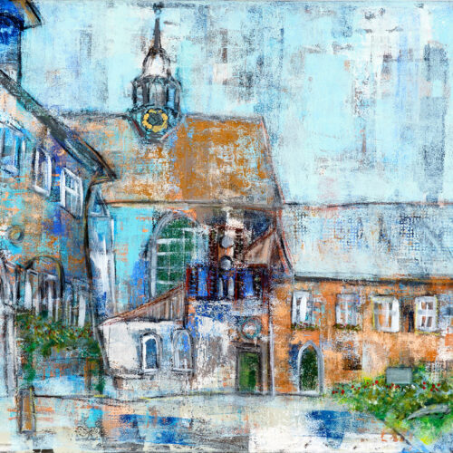 Das Gemälde Kloster Lüne zeigt eine verträumte Impression des Klosters Lüne mit der Klosterkirche in Lüneburg an einem Sommertag nach dem Regen in Blautönen. Man spürt die Atmosphäre nach einem erfrischenden Regen.