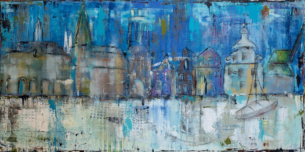 Auch als Lüneburg Kunstdruck im Online Shop von Karin Greife. Romantisch-verträumte Skyline von Lüneburg mit Rathaus, Nicolaikirche, Wasserturm, typischen Hansegiebelhäusern des Platzes Am Sande sowie dem Alten Kaufhaus und dem Alten Kran mit Ewer im Wasserviertel/ Am Stintmarkt. Blau- und Weißtöne werden akzentuiert mit den Farben Ocker, Sienna, Grün, Türkis, Braun und Lila. Diese Wahrzeichen Lüneburgs dienen oft auch als Kulisse bei Dreharbeiten für die ARD-Telenovela "Rote Rosen".