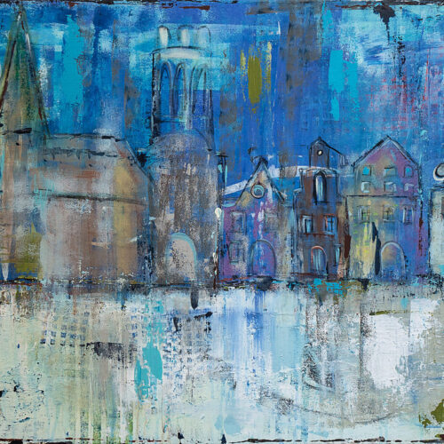 Auch als Lüneburg Kunstdruck im Online Shop von Karin Greife. Romantisch-verträumte Skyline von Lüneburg mit Rathaus, Nicolaikirche, Wasserturm, typischen Hansegiebelhäusern des Platzes Am Sande sowie dem Alten Kaufhaus und dem Alten Kran mit Ewer im Wasserviertel/ Am Stintmarkt. Blau- und Weißtöne werden akzentuiert mit den Farben Ocker, Sienna, Grün, Türkis, Braun und Lila. Diese Wahrzeichen Lüneburgs dienen oft auch als Kulisse bei Dreharbeiten für die ARD-Telenovela "Rote Rosen".