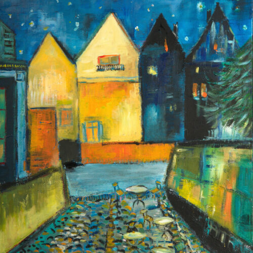 Auch als Lüneburg Kunstdruck im Online Shop von Karin Greife. Gemälde Nachtstint - Fischmarkt Lüneburg. Blick vom Fischmarkt auf die gegenüberliegende Seite des Lüneburger Wasserviertels bei Mondschein in Blau- und Gelbtönen. Man sieht den Zugang zur Ilmenau mit der Lüneburger Hafenmauer, links und rechts, die Ilmenau und angedeutet die Rückseiten einiger Häuser, die auf der Straße Am Stintmarkt neben dem Lösecke-Haus liegen. Diese hier gemalte Szenerie dient oft auch als Kulisse bei Dreharbeiten für die ARD-Telenovela "Rote Rosen". Karin Greife hat den Malstil und die Farbwahl angelehnt an das berühmte Gemälde "Nachtcafé" von Vincent van Gogh aus dem Jahre 1888 und das Bild deswegen "Nachtstint" betitelt.