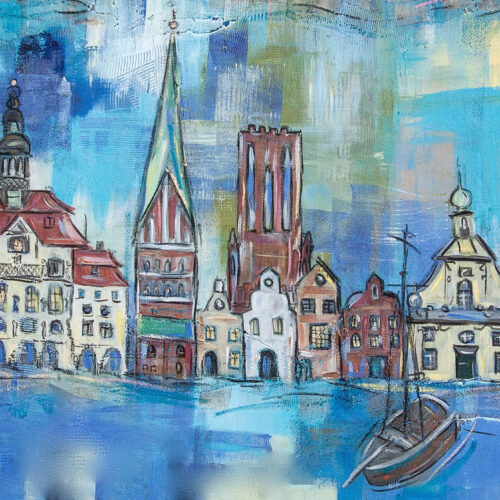Das Bild zeigt einige der Wahrzeichen von Lüneburg als Skyline in schönen Blautönen. Man sieht das Alte Kaufhaus, den Alten Kran, das Rathaus, den Ewer und verschiedene Hansegiebelhäuser. Ausschnitt aus dem Gemälde "BIP Deutschland" aus dem Jahr 2013