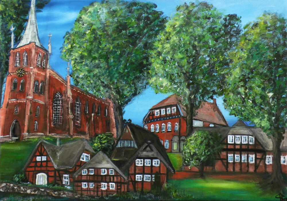 Das Gemälde des Ortes St. Dyonis, Ortsteil Barum, bei Lüneburg zeigt die St.-Dionysius-Kirche und einige typische Heidehäuser mit Fachwerk und Reetdach zur Sommerzeit unter Bäumen in natürlichen Farben
