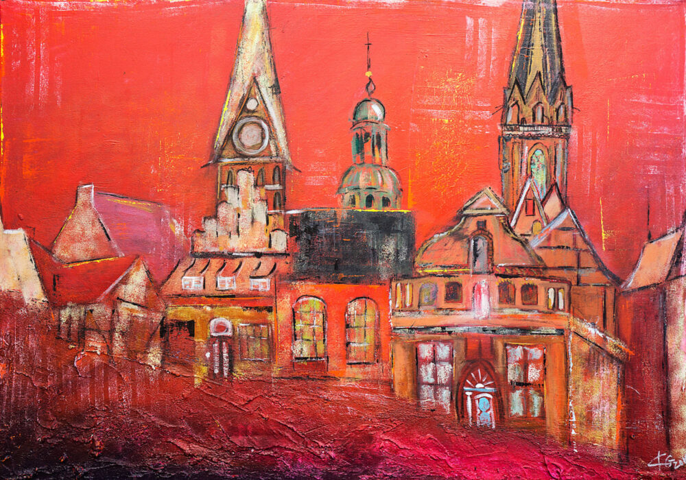 Das Acryl-Gemälde Lüneburg Sundowner von Karin Greife zeigt einige Wahrzeichen der Stadt Lüneburg in warmen Rot-Tönen. Gebäude des Stintmarktes reihen sich an die zwei Kirchen Nicolai und Johannis, außerdem sind die Kuppel des Rathauses und einige Altstadthäusergiebel zu sehen. In der Realität stehen diese Gebäude so nicht zusammen, trotzdem erkennt man sofort die Hansestadt Lüneburg.