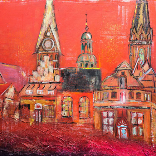 Das Acryl-Gemälde Lüneburg Sundowner von Karin Greife zeigt einige Wahrzeichen der Stadt Lüneburg in warmen Rot-Tönen. Gebäude des Stintmarktes reihen sich an die zwei Kirchen Nicolai und Johannis, außerdem sind die Kuppel des Rathauses und einige Altstadthäusergiebel zu sehen. In der Realität stehen diese Gebäude so nicht zusammen, trotzdem erkennt man sofort die Hansestadt Lüneburg.