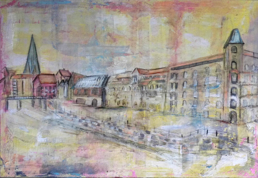 Das Gemälde Viskulenhof Lüneburg Brückenansicht zeigt das historische Gebäude der Hansestadt aus Sicht von der Reichenbachbrücke. Man sieht auch das Wasserviertel mit Brausebrücke, Alter Kran, Pons, im Hintergrund St. Johanniskirche. Sanfte Farben, verträumte Stimmung, Aquarellstil.