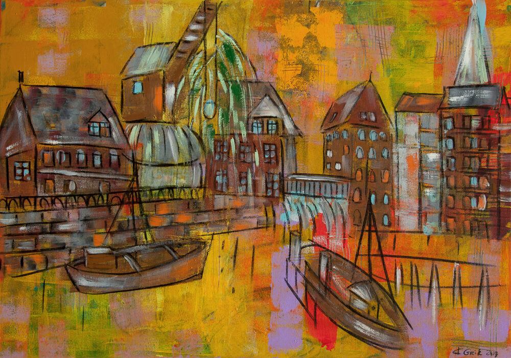 Auch als Lüneburg Kunstdruck im Online Shop von Karin Greife. Das Gemälde Wasserviertel Lüneburg von Karin Greife zeigt den Stintmarkt der Hansestadt Lüneburg, Alter Kran mit Weide und Ewer, Farben des Spätsommers: orange, braun, grün.