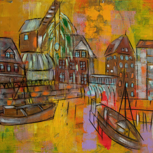 Auch als Lüneburg Kunstdruck im Online Shop von Karin Greife. Das Gemälde Wasserviertel Lüneburg von Karin Greife zeigt den Stintmarkt der Hansestadt Lüneburg, Alter Kran mit Weide und Ewer, Farben des Spätsommers: orange, braun, grün.