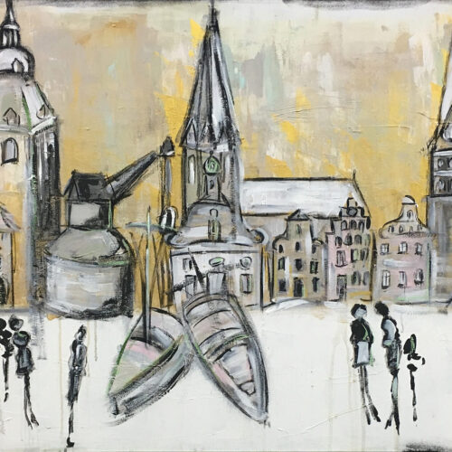 Gemälde Lüneburg Winterleben. Das Bild zeigt die Lüneburger Wahrzeichen Rathaus, Michaeliskirche, Alter Kran, Nicolaikirche, Altes Kaufhaus, Hansegiebel-Häuser des Platzes Am Sande, Johanniskirche, Wasserturm, Ewer und Libeskind-Zentralgebäude der Leuphana-Universität an einem Wintertag in leuchtenden Farben. Die Häuser sind schneebedeckt, der Himmel leuchtet golden. In der Farbe Rosa wurden Akzente gesetzt. Vorne im Bild sind in schwarz und grau Personen in Bewegung skizziert/ angedeutet. Die Atmosphäre ist fröhlich.