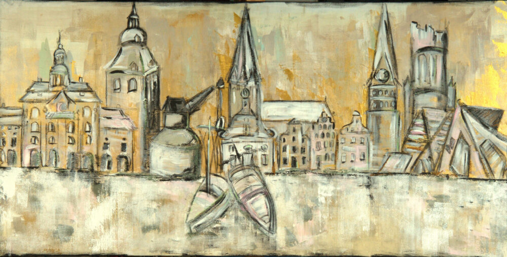 Gemälde Lüneburg Winterleben Version. Warme Goldtöne mit weiss und beige. Lüneburgs Sehenswürdigkeiten wie Rathaus, Michaeliskirche, Alter Kran, Ewer, Nicolaikirche, Altes kaufhaus, Hansegieelhäuser, Johanniskirche, Wasserturm, Libeskind Bau, Leuphana Universität.