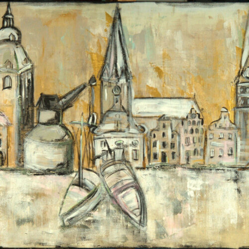 Gemälde Lüneburg Winterleben Version. Warme Goldtöne mit weiss und beige. Lüneburgs Sehenswürdigkeiten wie Rathaus, Michaeliskirche, Alter Kran, Ewer, Nicolaikirche, Altes kaufhaus, Hansegieelhäuser, Johanniskirche, Wasserturm, Libeskind Bau, Leuphana Universität.