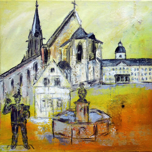 Gemälde Neureut-Karlsruhe mit einigen Wahrzeichen in den Farben des Stadtwappens: Schloss Karlsruhe, Brunnen, Kirche